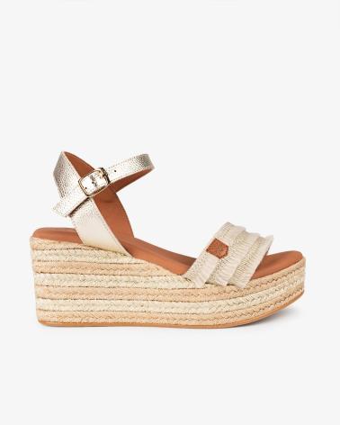 Sandalias de Mujer POPA SANDALIA CASUAL DE PIEL Y TELA CON CUNA Y PLATAFORMA ORO