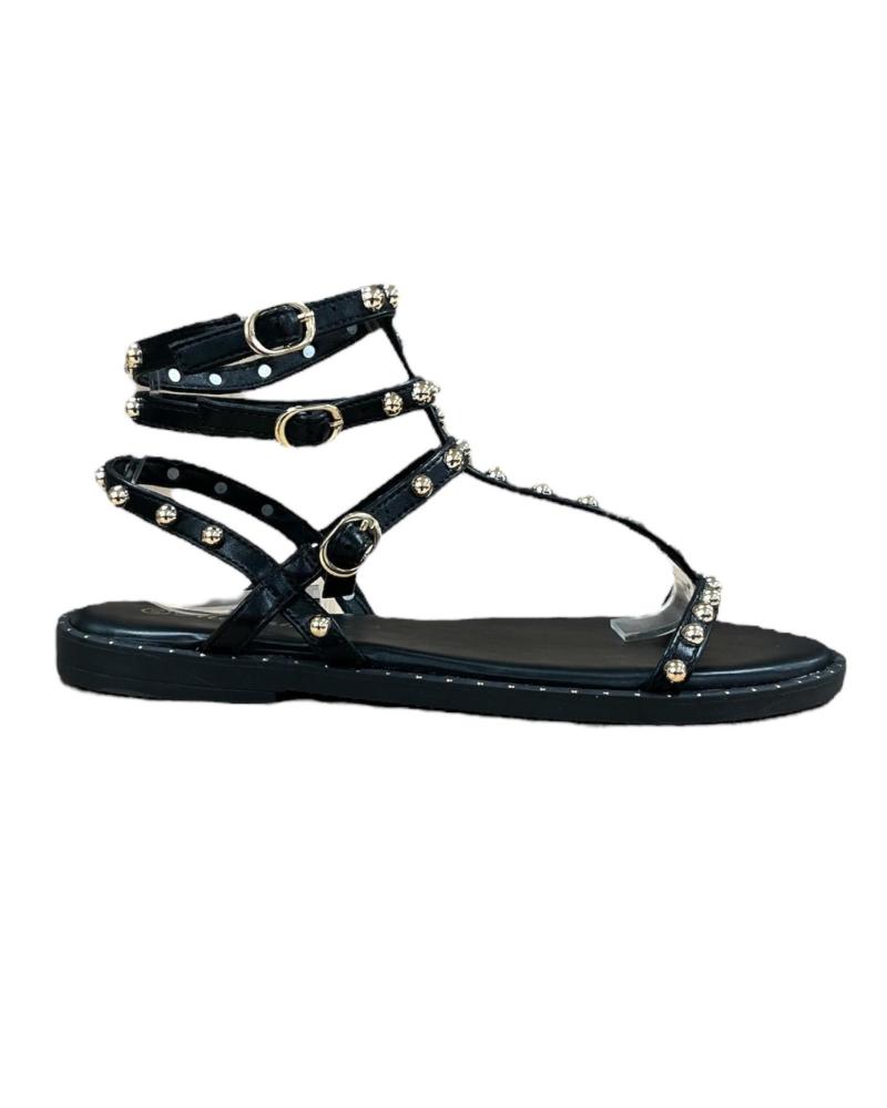 CALZADOMANIA SANDÁLIA PRETA COM TACHAS DOURADAS NEGRO