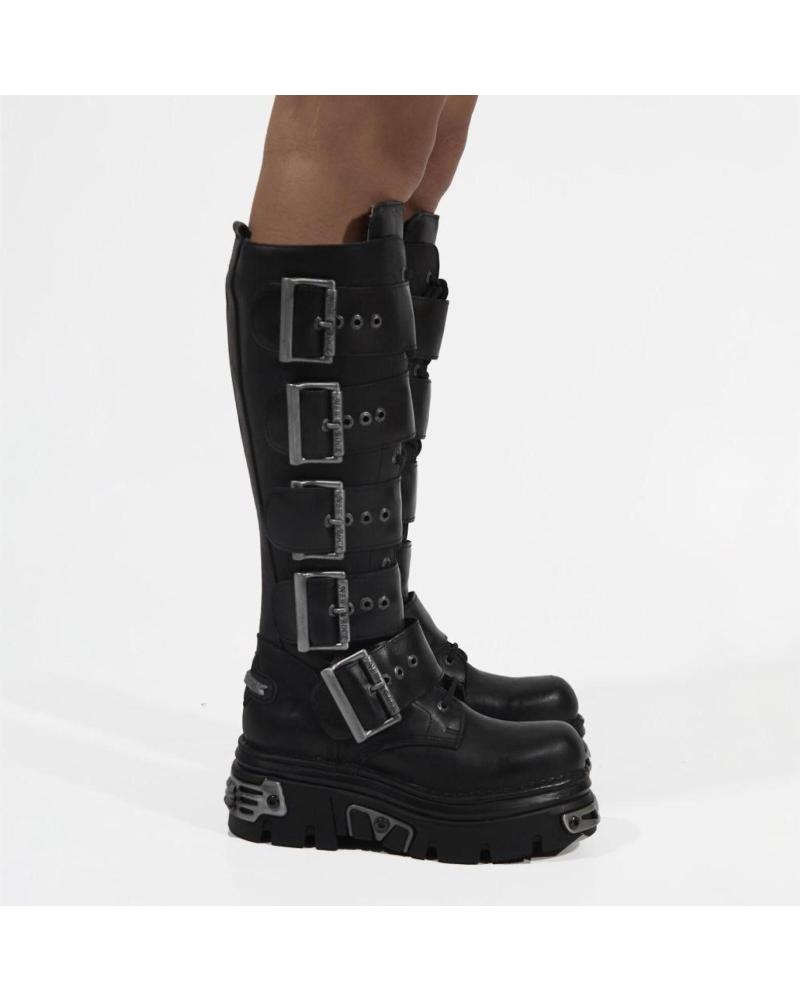 BOTAS ALTAS NEW ROCK METALLIC PRETAS COM FIVELAS NEGRO