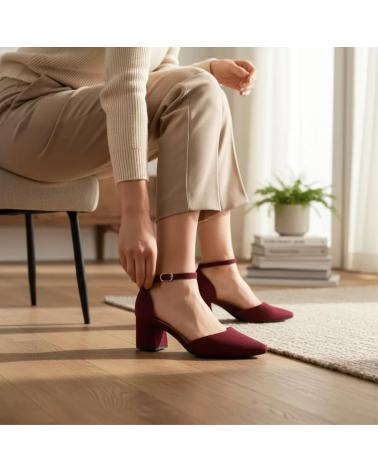 ZAPATOS DE VESTIR TACON TIMBOS MUJER 132327 VINO CON TIRA AL TOBILLO ROJO