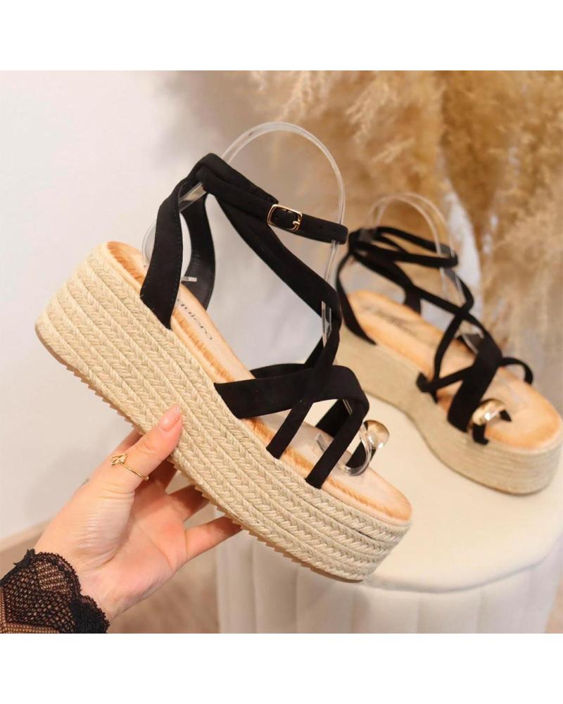 PINKDESERT SANDALIAS DE CUÑA Y PLATAFORMA CON ATADO DE ESPARTO NEGRO-BEIGE